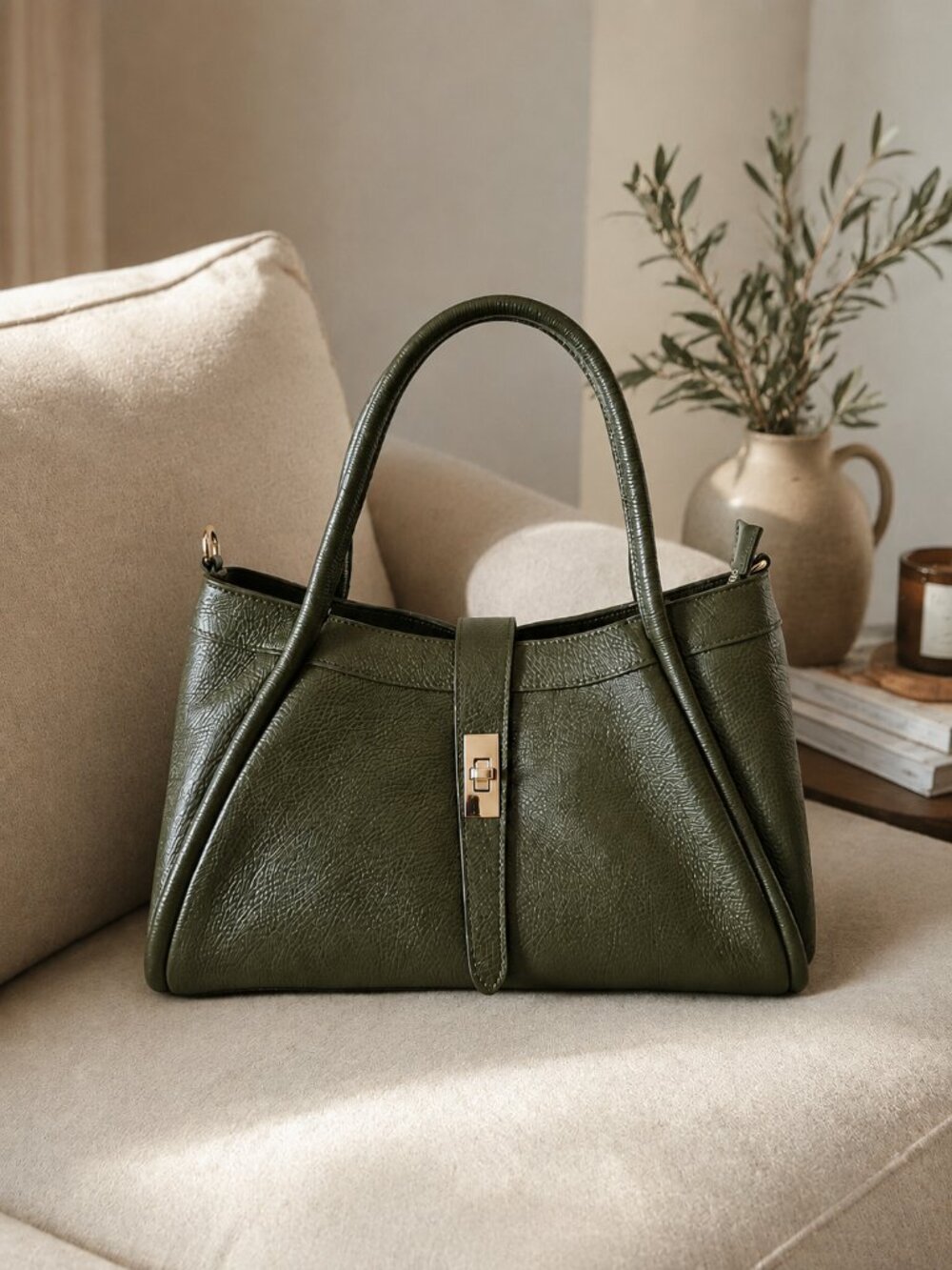 Sage Green Italian Leather Tote Bag, Medium Leather Handbag